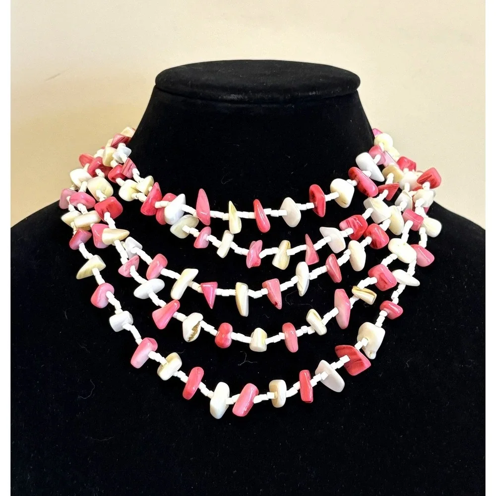 Vintage 5 Multi Strand Mother Of Pearl Chip Chunky Spring Summer Boho Necklace